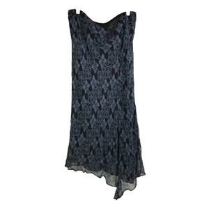 Willi Smith Midi Skirt Women 12 Black Blue Floral Lined Stretch Asymmetrical Hem